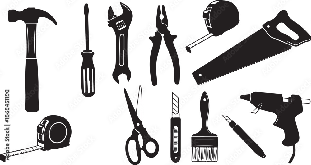 Obraz premium Collection of various black hand tools on white