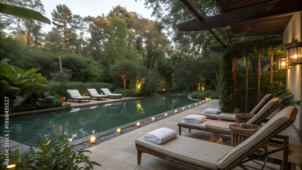 Fototapeta premium Luxury Resort Swimming Pool at Dusk with Elegant Lounge Chairs and Candlelight