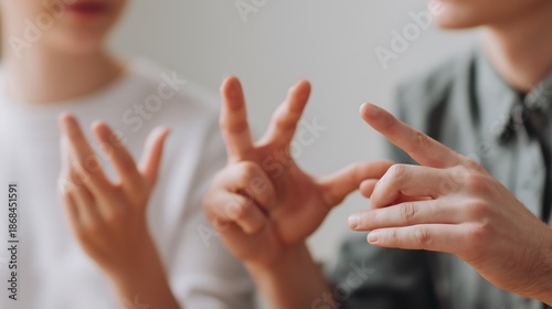 Close-up of two pairs of hands practicing sign language gestures, teacher guiding student, inclusive education concept of deaf culture