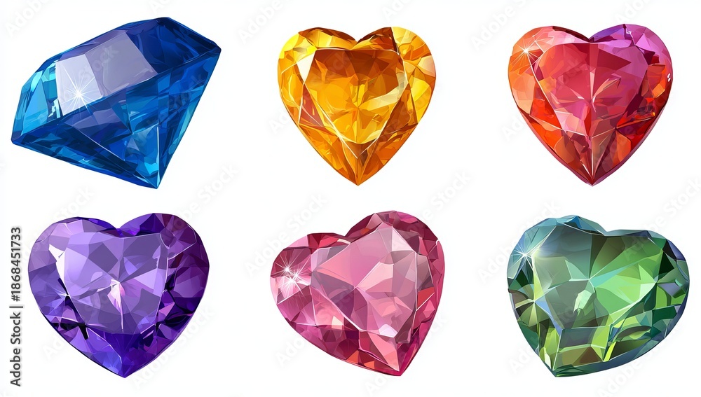 Fototapeta premium Six faceted gemstones blue diamond and colorful heart shapes