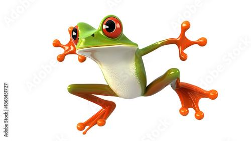 Playful frog, showcasing a charming tree frog in dynamic pose, vibrant with a vivid green hue. The image has a close up of the amphibian's unique features, including prominent red eyes.
