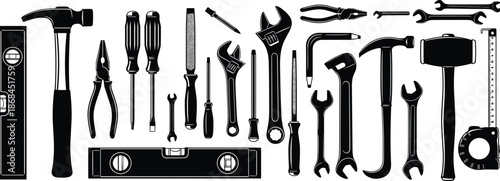 Collection of Hand Tools Silhouettes Including Hammers, Screwdrivers, Wrenches, Pliers, Level, and Measuring Tape for Construction, DIY, and Home Improvement Projects
