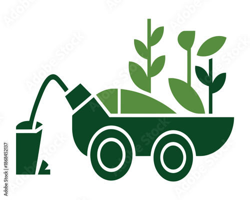 An eco-friendly electric car being charged with green plants growing out of it, symbolizing sustainable energy and environmental conservation.