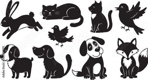 Black Silhouettes of Various Cute Animals Collection