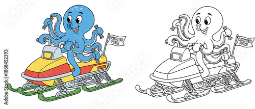 A vector illustration of an octopus riding a snowmobile A humorous blue character operating a winter vehicle
