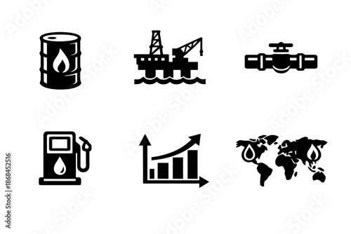 Energy market vector icon set featuring oil production, fuel supply and global energy flow icons. Black flat icons ideal for editorial content, dashboards and geopolitical visuals.