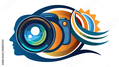 Very beautiful camera logo featuring a stylized lens merged with a human head silhouette, symbolizing vision, creativity, and storytelling, ideal for photographers, designers, and visual media brands.