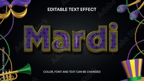 mardi gras editable text effect with gold edge, green pearls and purple pattern