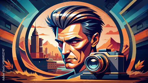 Very beautiful camera logo featuring a stylized lens merged with a human head silhouette, symbolizing vision, creativity, and storytelling, ideal for photographers, designers, and visual media brands.