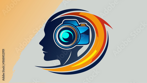 Very beautiful camera logo featuring a stylized lens merged with a human head silhouette, symbolizing vision, creativity, and storytelling, ideal for photographers, designers, and visual media brands.