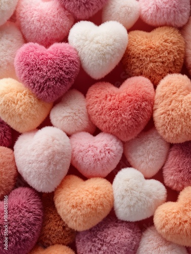 A close-up shot of a bed of plush, heart-shaped pillows, each bursting with vibrant colors and textures, expressing love and affection.