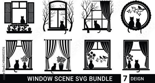 Cat window scene silhouettes illustration, cozy home interior vector bundle with curtains plants and cats, decorative black and white window view designs