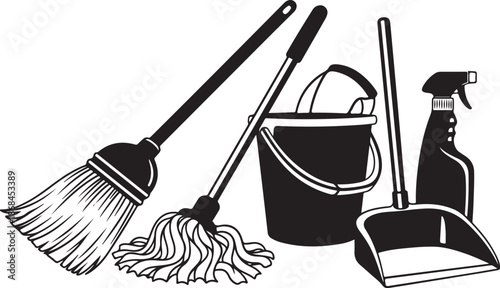 Cleaning tools and supplies in black and white