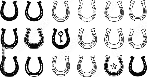 Horseshoe silhouette and line art set, lucky charm vector icons, equestrian steel equipment illustrations, western rustic design elements, blacksmith forge bundle