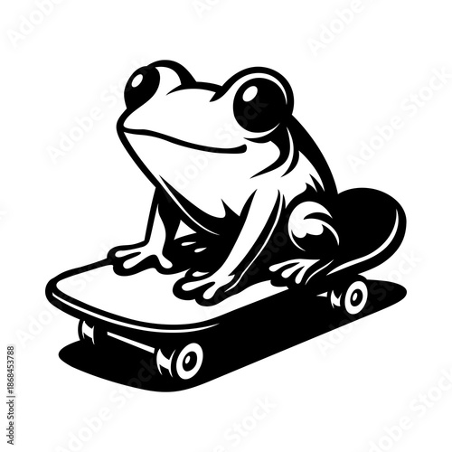 Cool Frog Riding Skateboard Black and White Illustration for Street Style, Youth Culture, Fun Animal Art and Urban Action Design