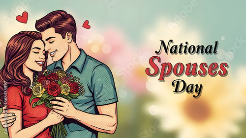 Vintage Romantic Illustration of Loving Couple with Flower Bouquet on National Spouses Day