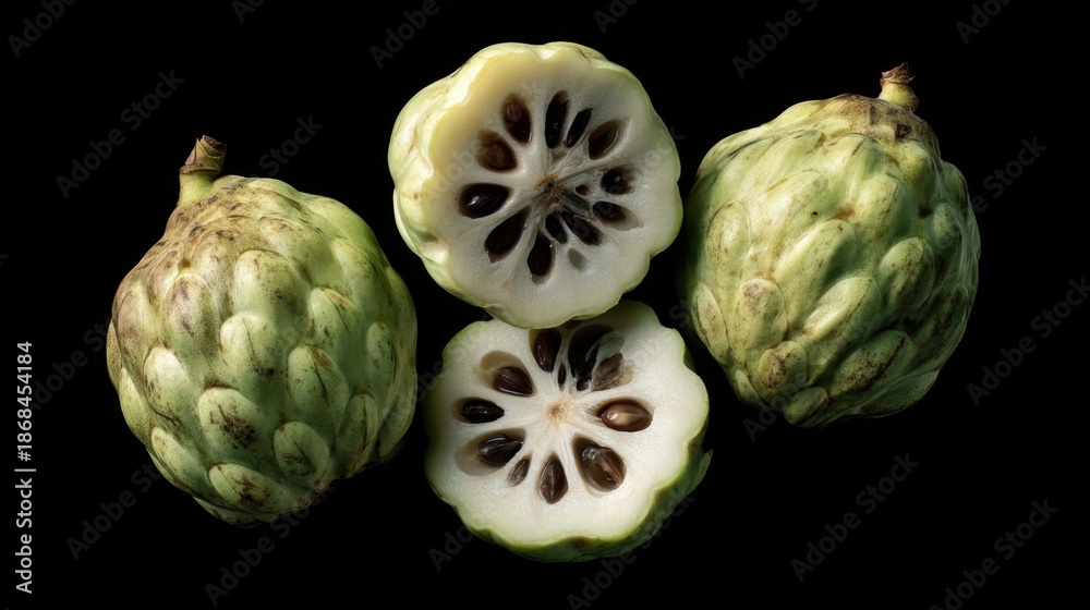Fototapeta premium Fresh cherimoya fruits on black background with halved view and seeds.