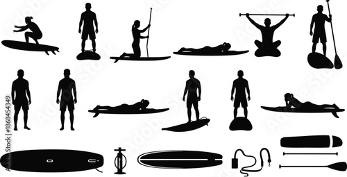 Surfing and paddleboard silhouette set, stand up paddleboarding vector icons, water sports action poses, surfing equipment illustrations, summer vacation graphics