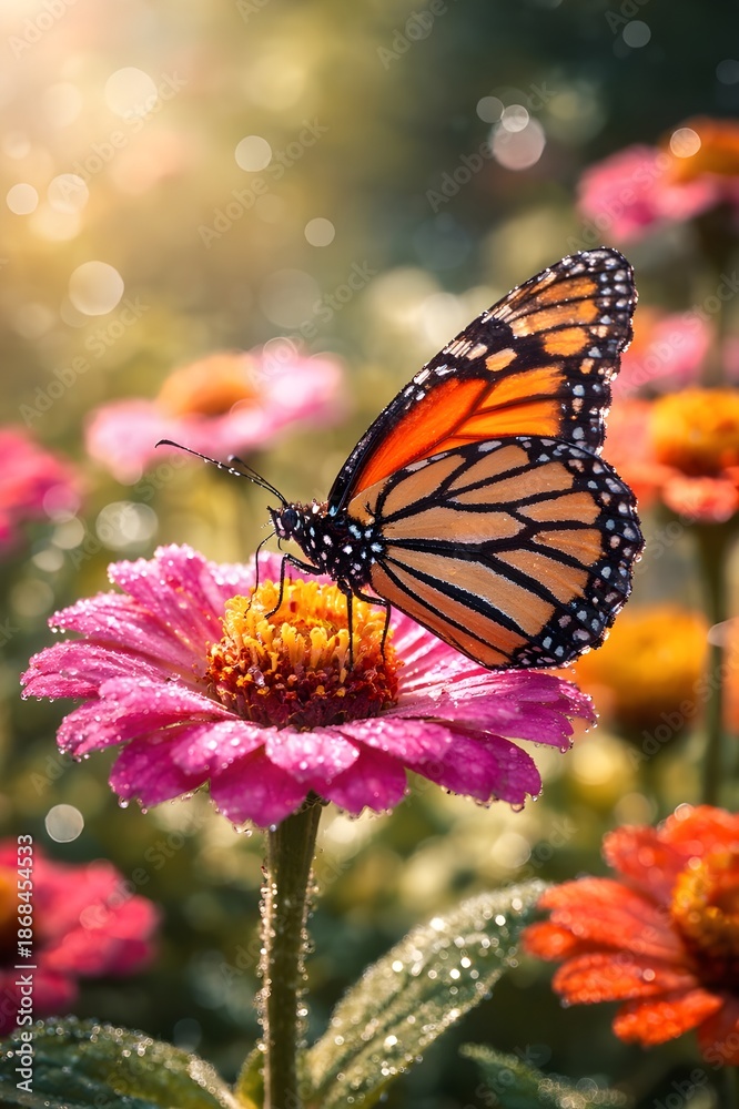 Fototapeta premium Close-up macro photograph of a monarch butterfly resting on a vibrant pink zinnia flower covered in morning dew.