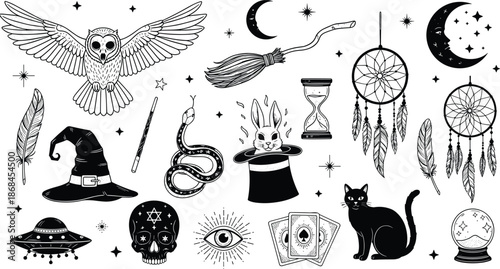 Mystical magic symbols illustration, witchcraft and occult vector set, owl skull tarot dreamcatcher elements, black and white spiritual magic design