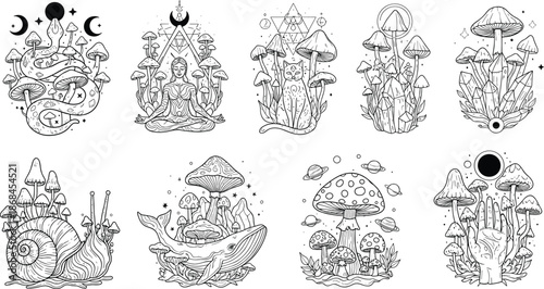 Mystical mushroom fantasy illustration set, psychedelic magic line art with crystals animals and celestial symbols, surreal black and white spiritual vector design