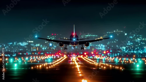 airplane taking off from airport runway at night with city lights in the background.
