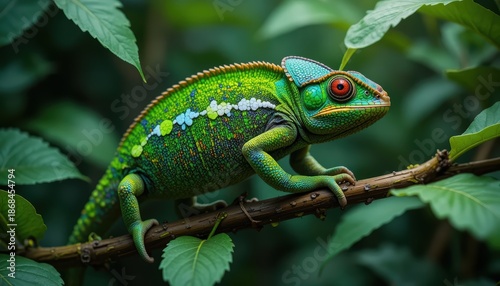 Colorful Green Reptile with Vivid Scales Resting on Branch Surrounded by Tropical Foliage
