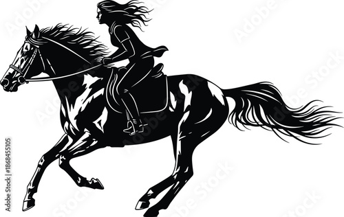 Black and white vector illustration of a young woman riding a powerful horse at a fast gallop, equestrian sports, freedom and speed concept silhouette