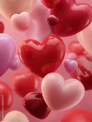 A cascade of vibrant, glossy hearts floats gracefully against a soft pink backdrop