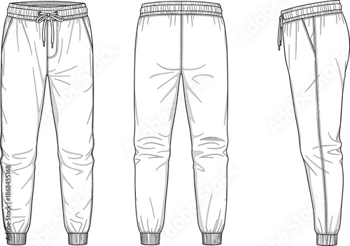 Jogger pants technical fashion illustration, front back side views, elastic waistband, drawstring, pockets, cuffs, garment construction detail, transparent background, apparel design