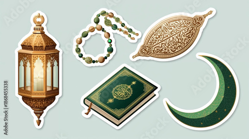 Ramadan symbols and Islamic elements in gold and green colors