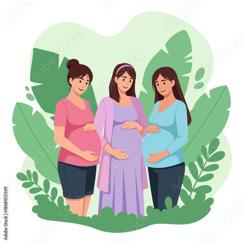 Three pregnant women standing together in front of green leaves