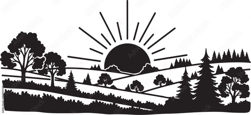 Fototapeta premium Black Silhouette of Sunset over Rolling Hills and Trees