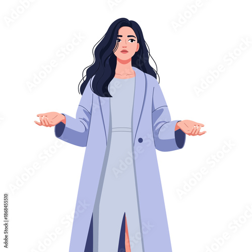 A cartoon woman with long dark hair shrugs her shoulders in confusion