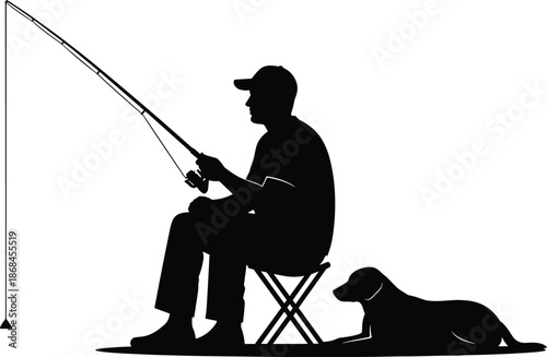 Silhouette of person fishing with dog lying nearby, outdoor leisure scene, black and white graphic, companionship moment, transparent background, peaceful recreation design