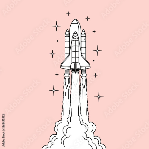 A black and white illustration of a space shuttle blasting off into the stars on a pink background