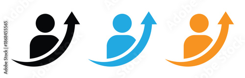 Colorful business growth icons with upward arrows. Rising Curve Wrapping Around Person for Personal and Career Growth. Personal growth. Self improvement. Improving skills. 