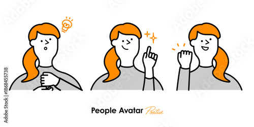 ポジティブな3つのリアクション（ひらめき・理解・ガッツポーズ）をするロングヘアの笑顔の女性