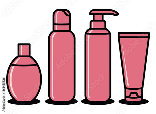 Cosmetic containers showcasing various pink lotion and shampoo product mockups.