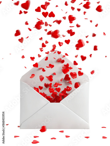 An open envelope overflowing with a cascade of vibrant red hearts, symbolizing affection and the outpouring of love. 