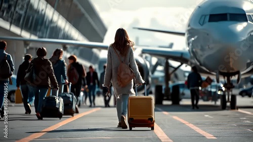 A woman with a suitcase at an airport terminal, with a large airplane in the background. The scene is captured with a shallow depth of field, blurring the background and emphasizing the foreground.