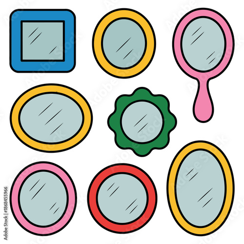 Collection of diverse vanity and handheld mirrors in various colorful geometric.