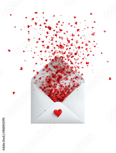 A heartfelt declaration of affection unfolds as a cascade of red hearts erupts from a pristine envelope