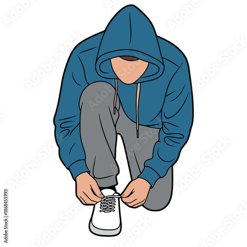 Person wearing a hooded sweatshirt ties their shoelaces while crouching down.