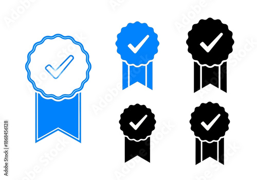 Set of blue and black checkmark ribbons and badges for approval and quality