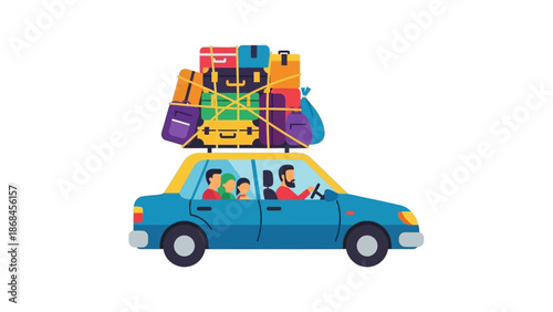 Illustration of a blue car packed with colorful suitcases and bags on top with two people inside against a clean white background.