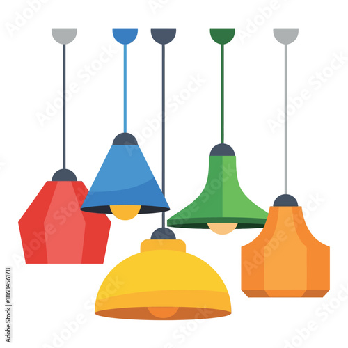 Assortment of five colorful modern pendant light fixtures hangs together.