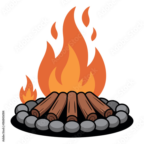 Vibrant campfire burns brightly surrounded by ring of protective stones.