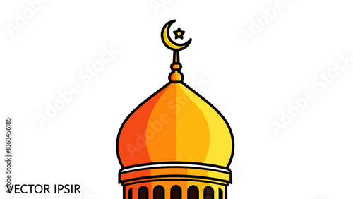 Vector illustration of a mosque dome with a crescent moon on top, in orange and yellow hues against a white background.