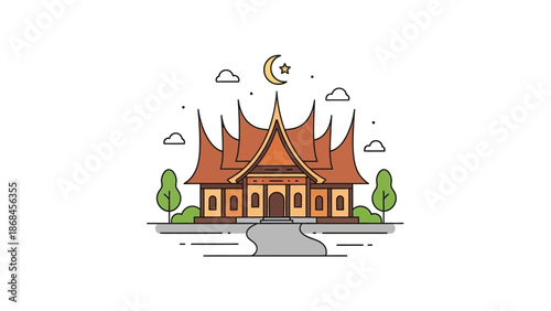 Illustration of a traditional Thai temple with a red roof and orange walls under a crescent moon and clouds on a white background.